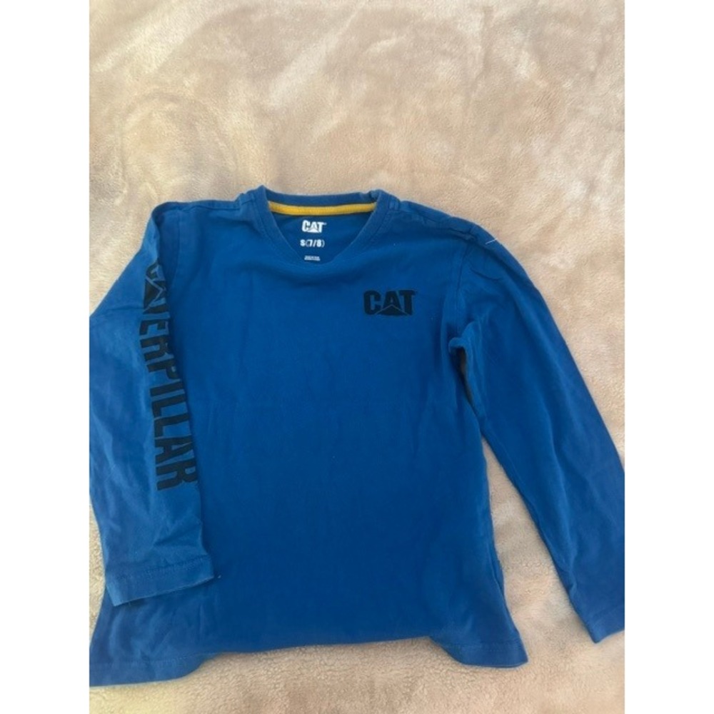 CAT Caterpillar Boys Blue Long Sleeve Graphic T-Shirt Size S 7/8 Logo Tee